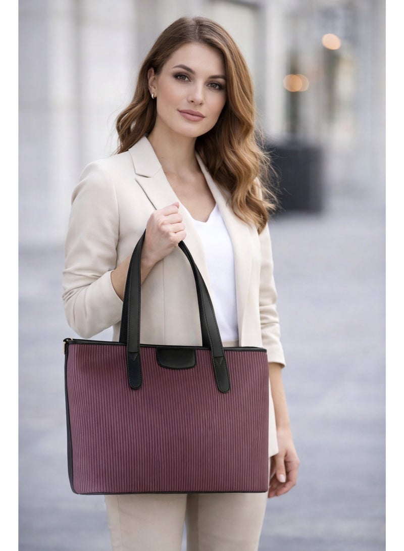 Premium Ribbed Textured Tote Bag for Women - Two-Tone Elegant Handbag with Detachable Shoulder Strap - Burgundy & Black - Image 2